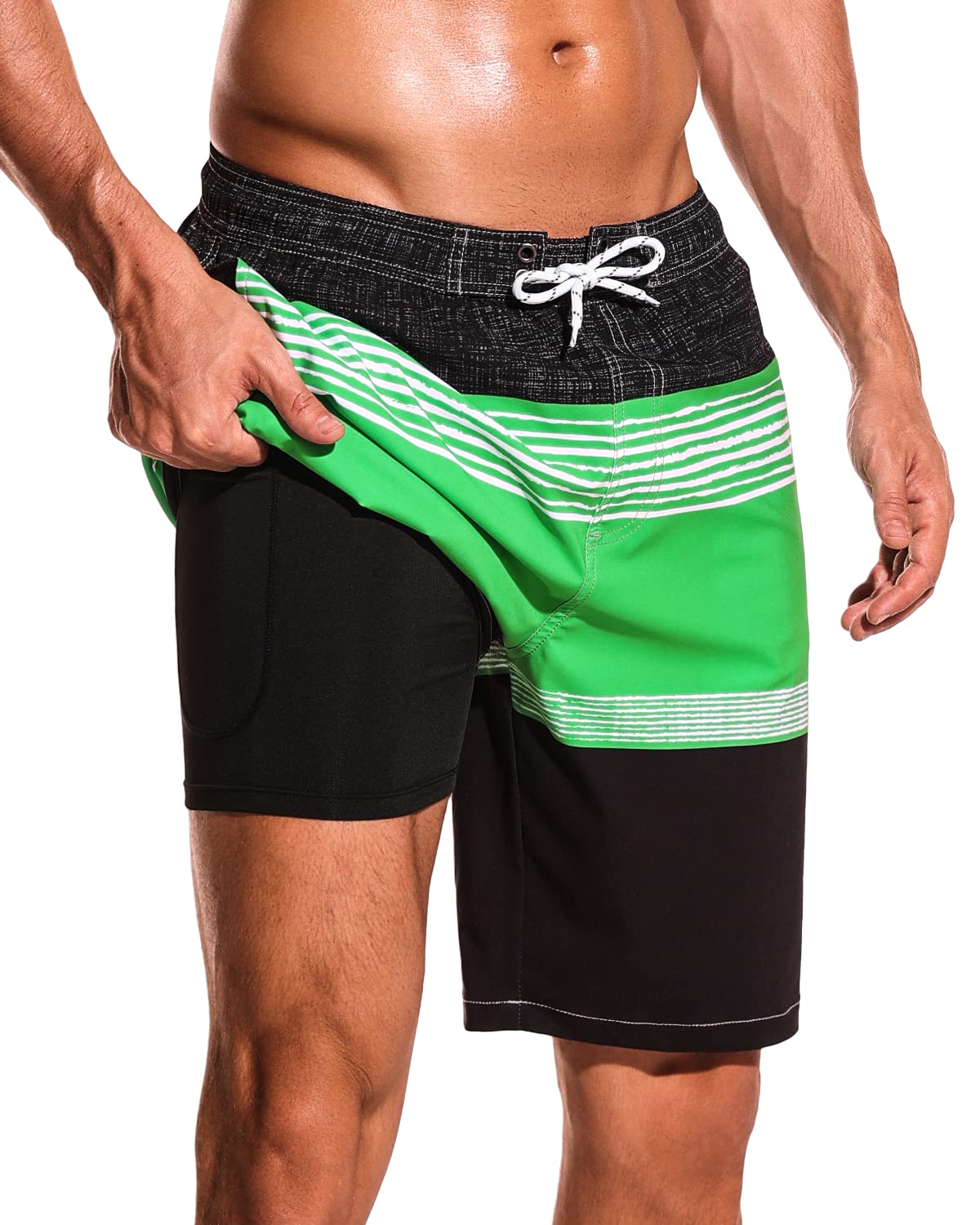 SILKWORLD Mens Quick Dry Swim Trunks with Compression Liner and Pockets for Beach and Pool