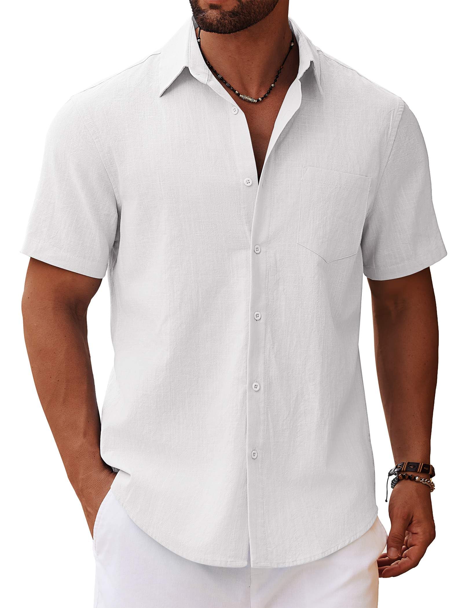 COOFANDY Men's Casual Short Sleeve Shirt with Pocket for Summer Beach Wedding Cotton Linen