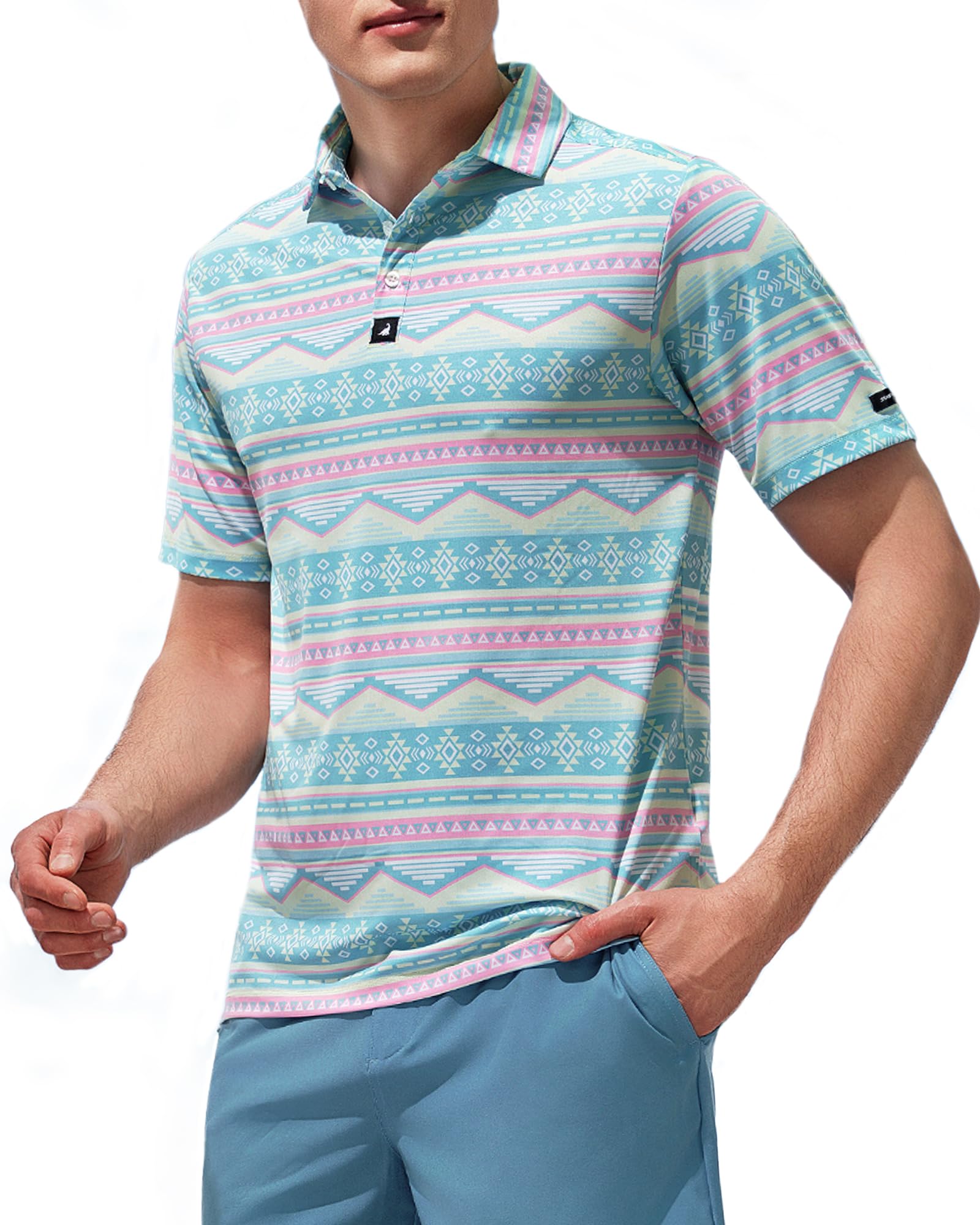 SURF CUZ Moisture Wicking Golf Shirt for Men Dry Fit Polo Short Sleeve Print Performance 4-Way Stretch